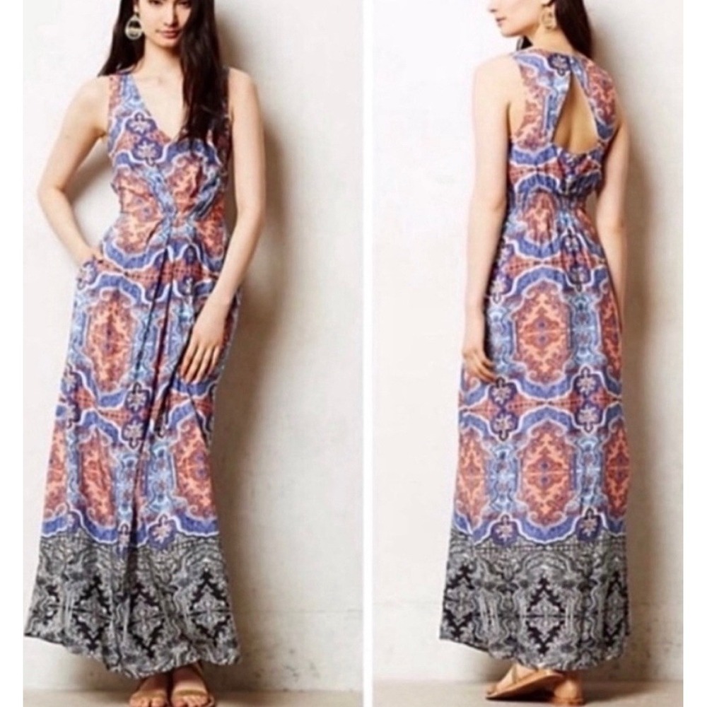 Anthropologie Mauve Silk Paisley Sleeveless Maxi Dress Fairy Whimsy Boho Beach 0
